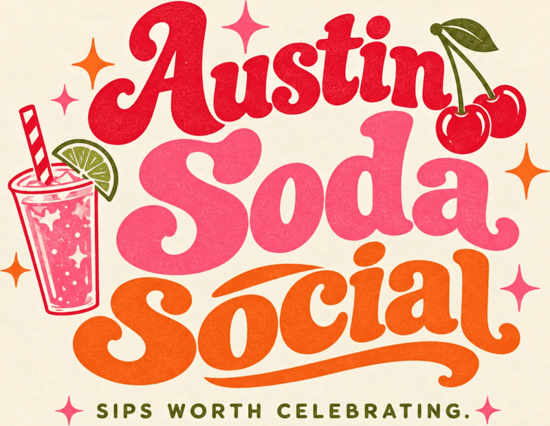 Austin Soda Social logo: retro lettering with a cherry, a lime, and a striped straw