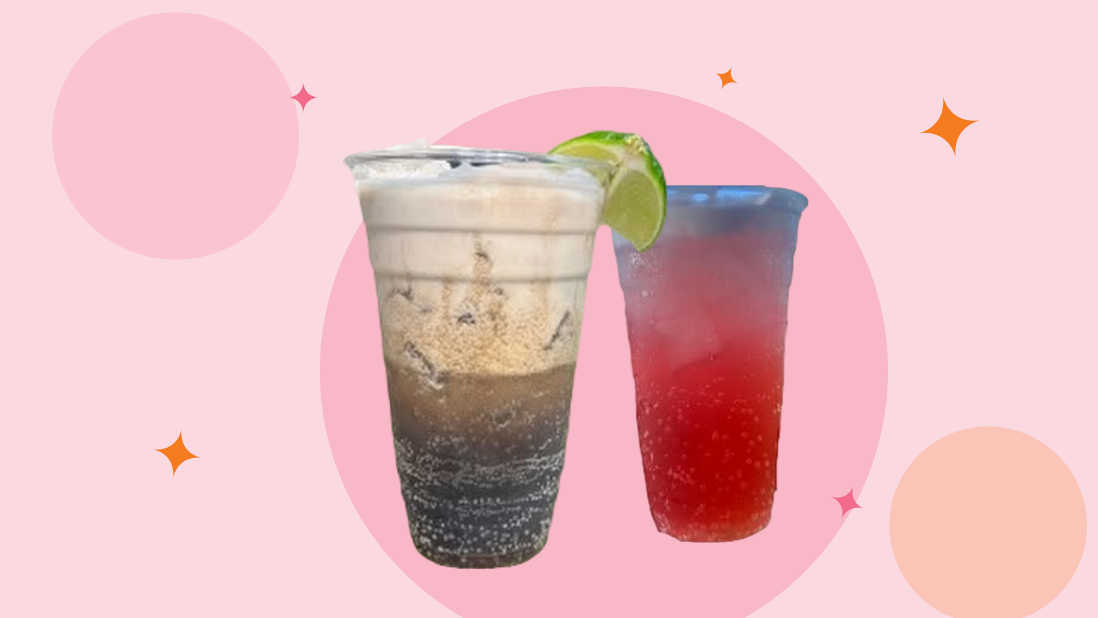 A branded dirty soda bar at a company offsite in an Austin office, with employees in lanyards holding cups near a menu card in the company colors