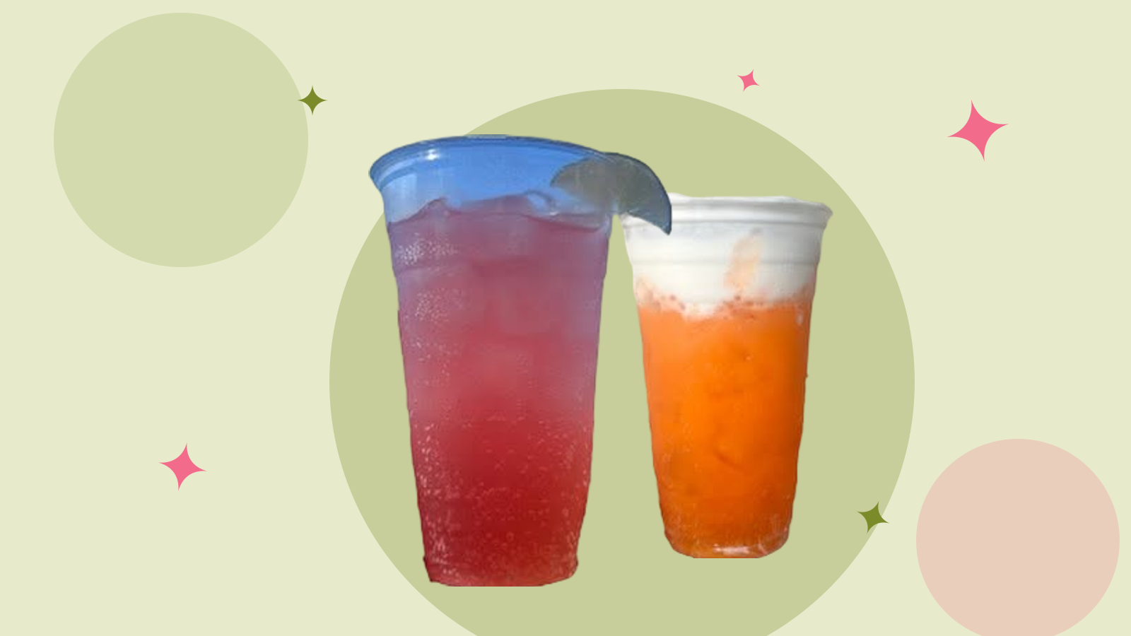A pastel dirty soda bar at a baby shower in Austin, with a hand-lettered menu, pink and orange drinks topped with cold foam, and a mom-to-be holding a cup